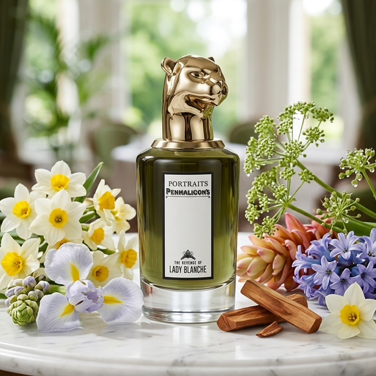 Frasco de Penhaligon's The Revenge Of Lady Blanche con tapón de leopardo dorado rodeado de narcisos, iris, jacintos, flores de jengibre, angélica y sándalo, estilo Casa Flores.