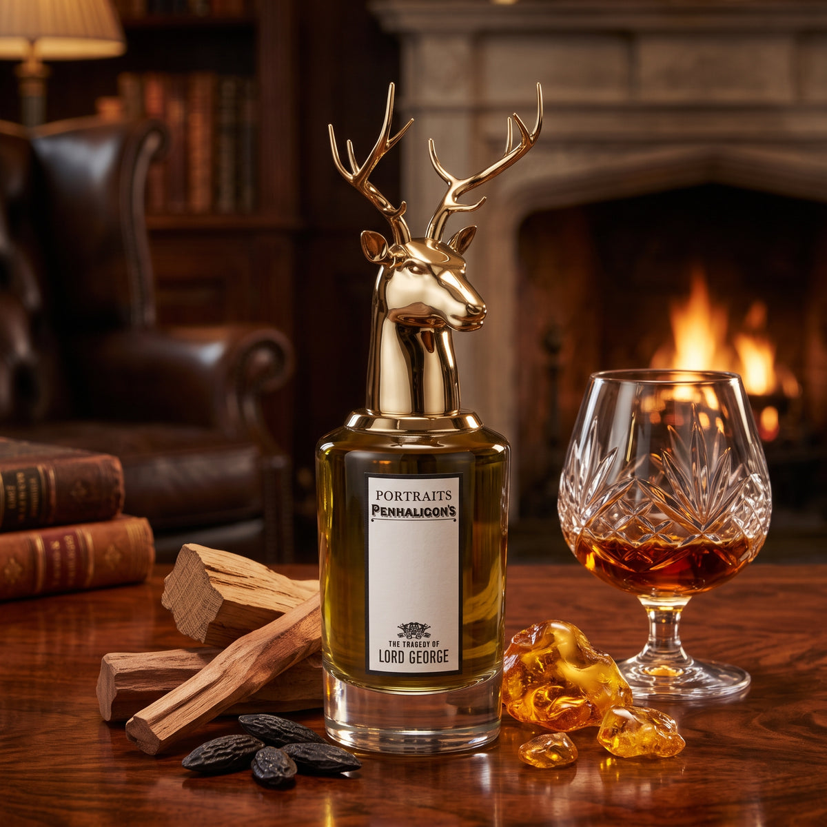 Frasco cilíndrico con líquido ámbar oscuro verdoso, etiqueta vertical blanca y tapón dorado con forma de cabeza de ciervo de The Tragedy of Lord George de Penhaligon's, rodeado de maderas, copa de brandi, ámbar y haba tonka, estilo Casa Flores.