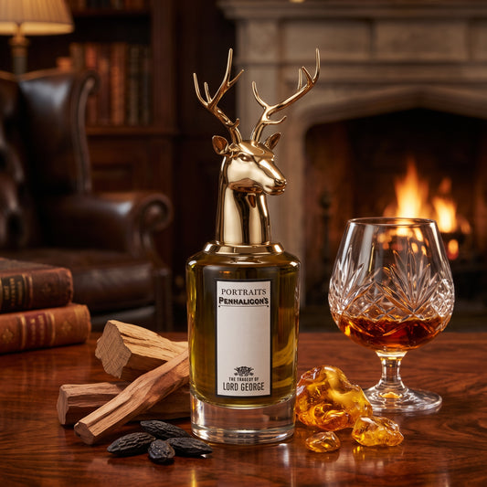 Frasco cilíndrico con líquido ámbar oscuro verdoso, etiqueta vertical blanca y tapón dorado con forma de cabeza de ciervo de The Tragedy of Lord George de Penhaligon's, rodeado de maderas, copa de brandi, ámbar y haba tonka, estilo Casa Flores.