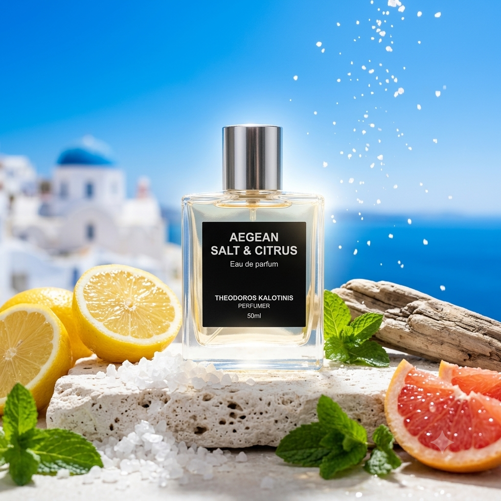Frasco minimalista de Theodoros Kalotinis Aegean Salt & Citrus sobre rocas blancas con limones, pomelos y sal marina bajo el sol griego, estilo Casa Flores.