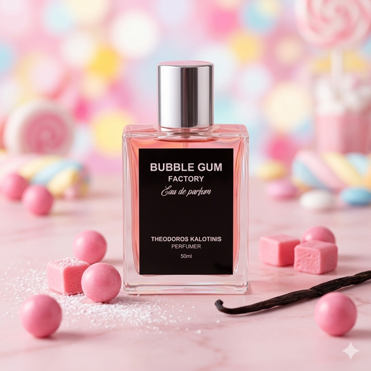 Frasco minimalista de Theodoros Kalotinis Bubblegum rodeado de chicle rosa y vainilla sobre mármol pastel, estilo Casa Flores.