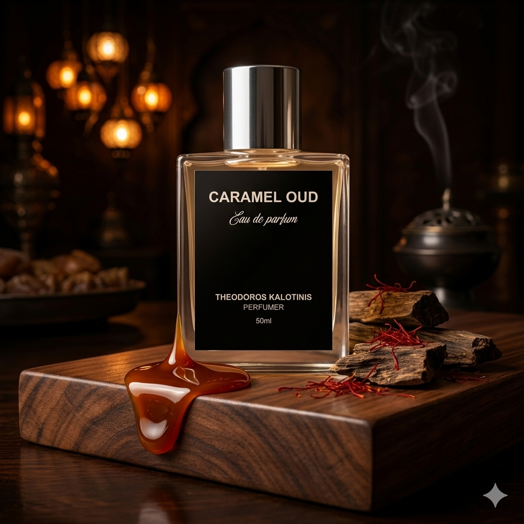 Frasco minimalista de Theodoros Kalotinis Caramel Oud sobre madera oscura con caramelo fundido, hebras de azafrán y madera de oud, estilo Casa Flores.