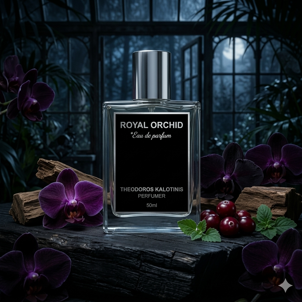 Frasco minimalista de Theodoros Kalotinis Royal Orchid sobre madera antigua con orquídeas oscuras, arándanos, hojas de pachulí y oud, estilo Casa Flores.