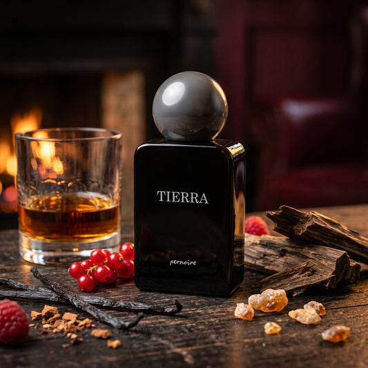 Frasco negro brillante con tapón esférico gris oscuro de Tierra de Pernoire, rodeado de copa de ron, madera de oud, bayas rojas y especias, estilo Casa Flores.