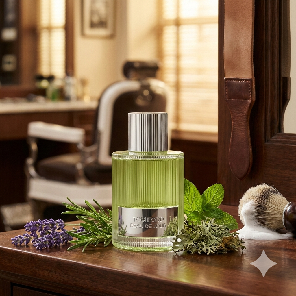 Frasco estriado con detalles plateados del perfume Tom Ford Beau de Jour rodeado de lavanda fresca, romero y menta en una barbería clásica de lujo.