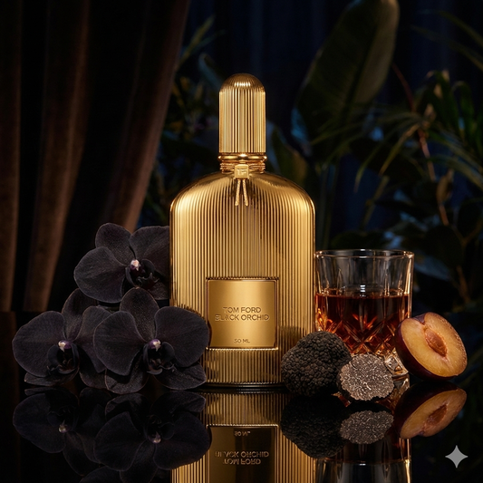 Frasco dorado de perfume Tom Ford Black Orchid Parfum.