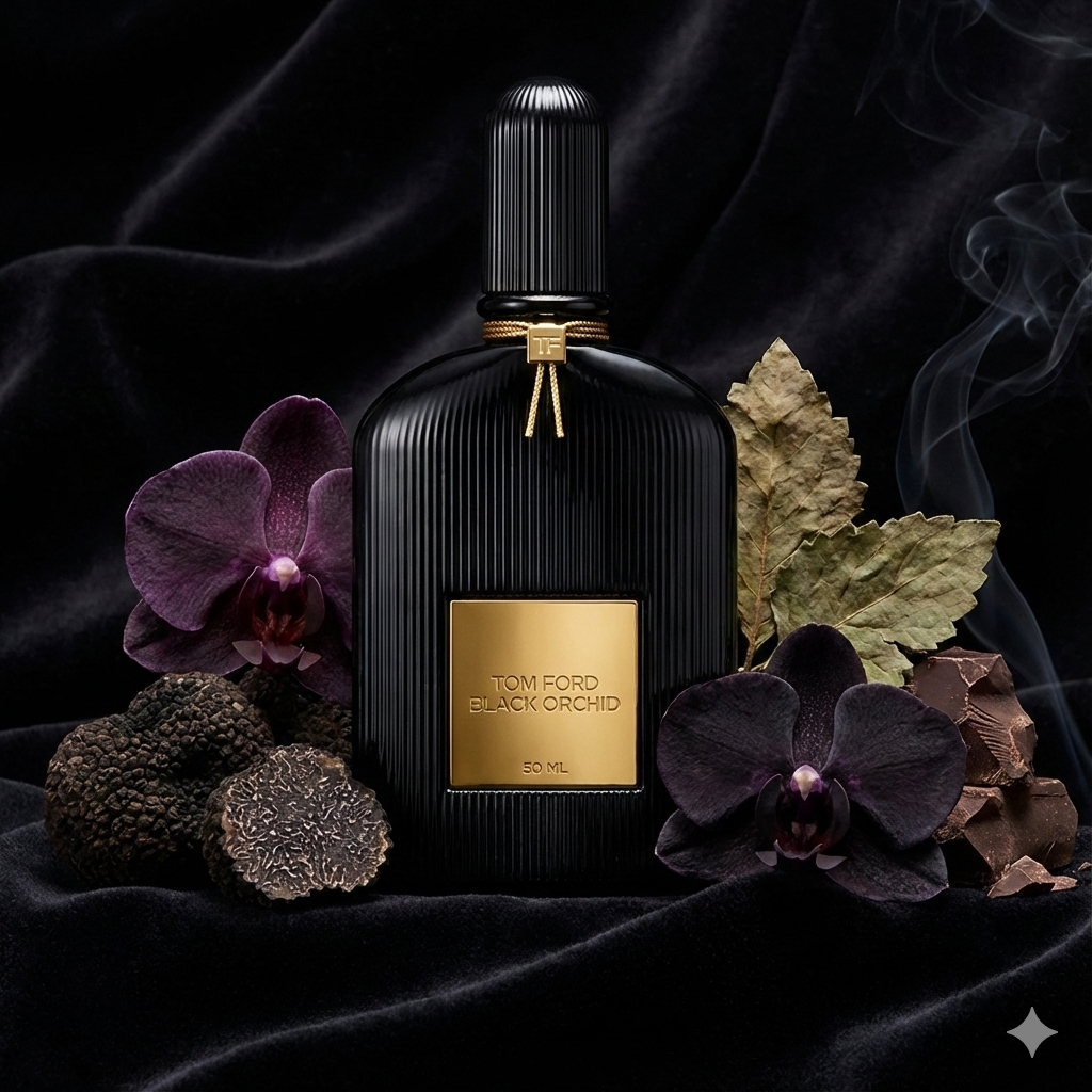 Frasco negro de Tom Ford Black Orchid sobre un tocador de mármol oscuro, rodeado de trufa negra, orquídea oscura y chocolate. Fotorrealismo para Casa Flores.