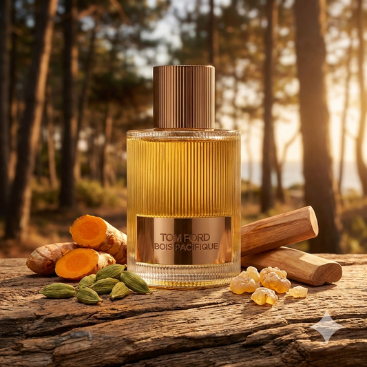Frasco estriado de vidrio con detalles en bronce del perfume Tom Ford Bois Pacifique rodeado de maderas de roble, cardamomo y cúrcuma en un bosque soleado.