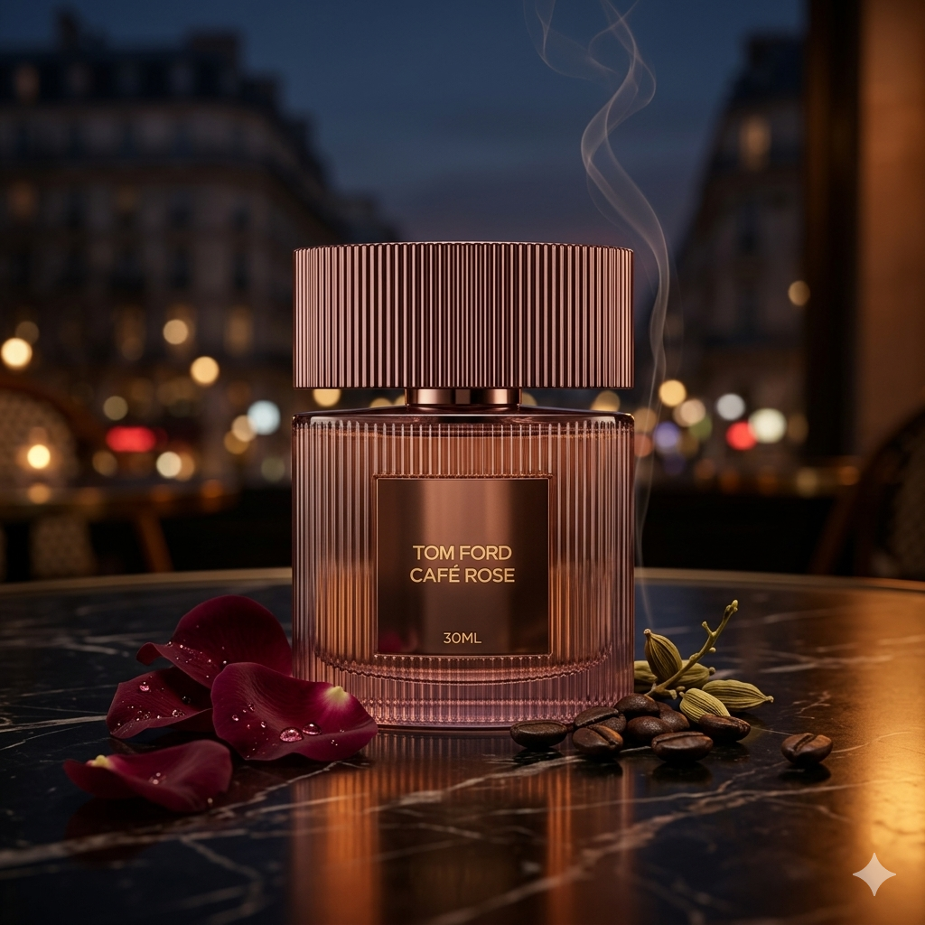 Nuevo frasco cilíndrico bronce de Tom Ford Café Rose 2023 con rosas y granos de café, estilo Casa Flores.
