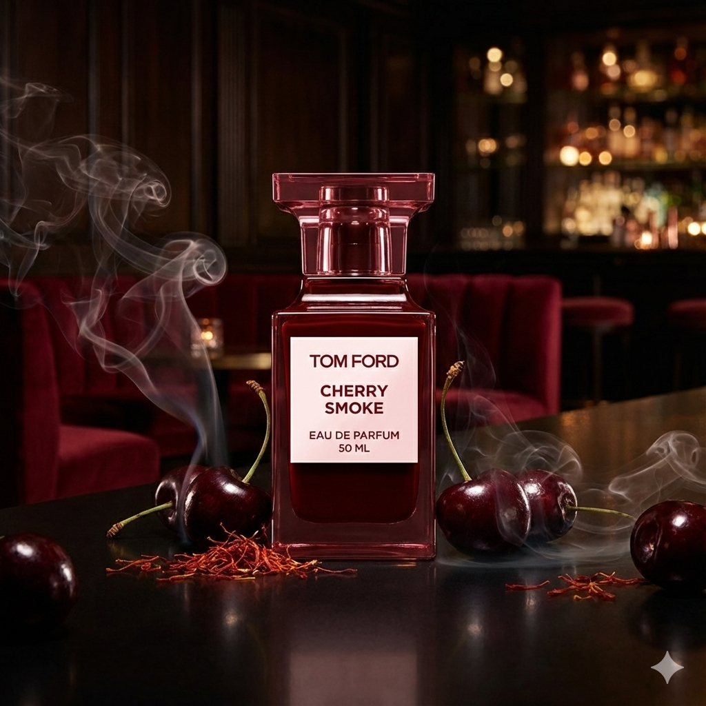 Frasco rojo oscuro de Tom Ford Cherry Smoke rodeado de humo y cerezas, estilo Casa Flores.