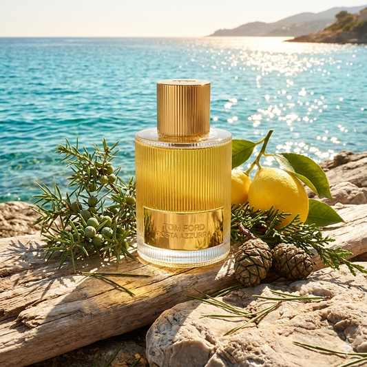 Frasco cilíndrico dorado de Tom Ford Costa Azzurra frente al mar azul, estilo Casa Flores.