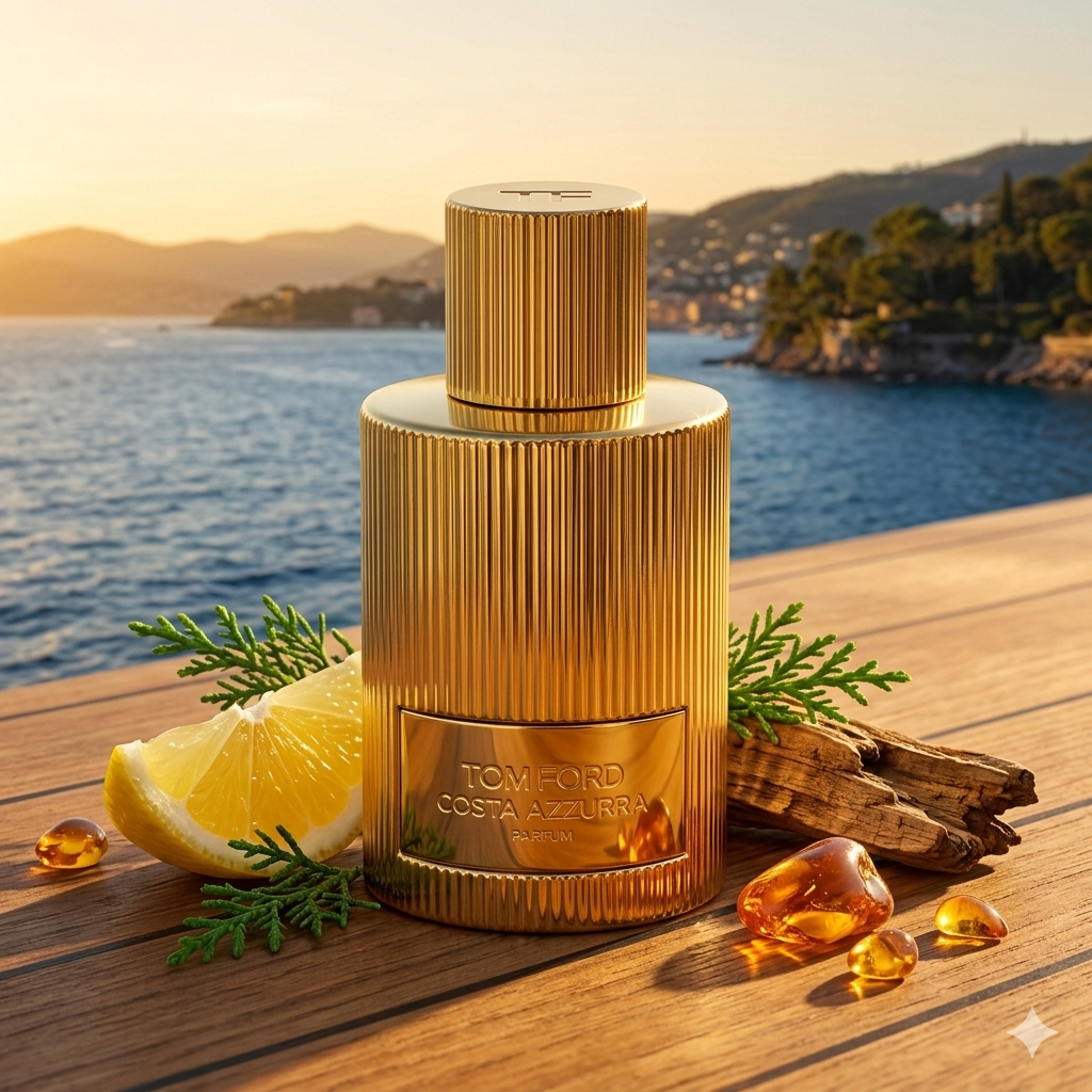 Frasco dorado de Tom Ford Costa Azzurra Parfum sobre madera de teca en un yate, rodeado de ciprés, limón italiano y ámbar cálido. Fotorrealismo para Casa Flores.