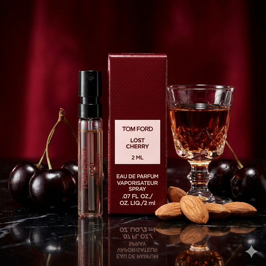 Muestra oficial de 2ml del perfume Tom Ford Lost Cherry junto a cerezas negras y licor, estilo Casa Flores.