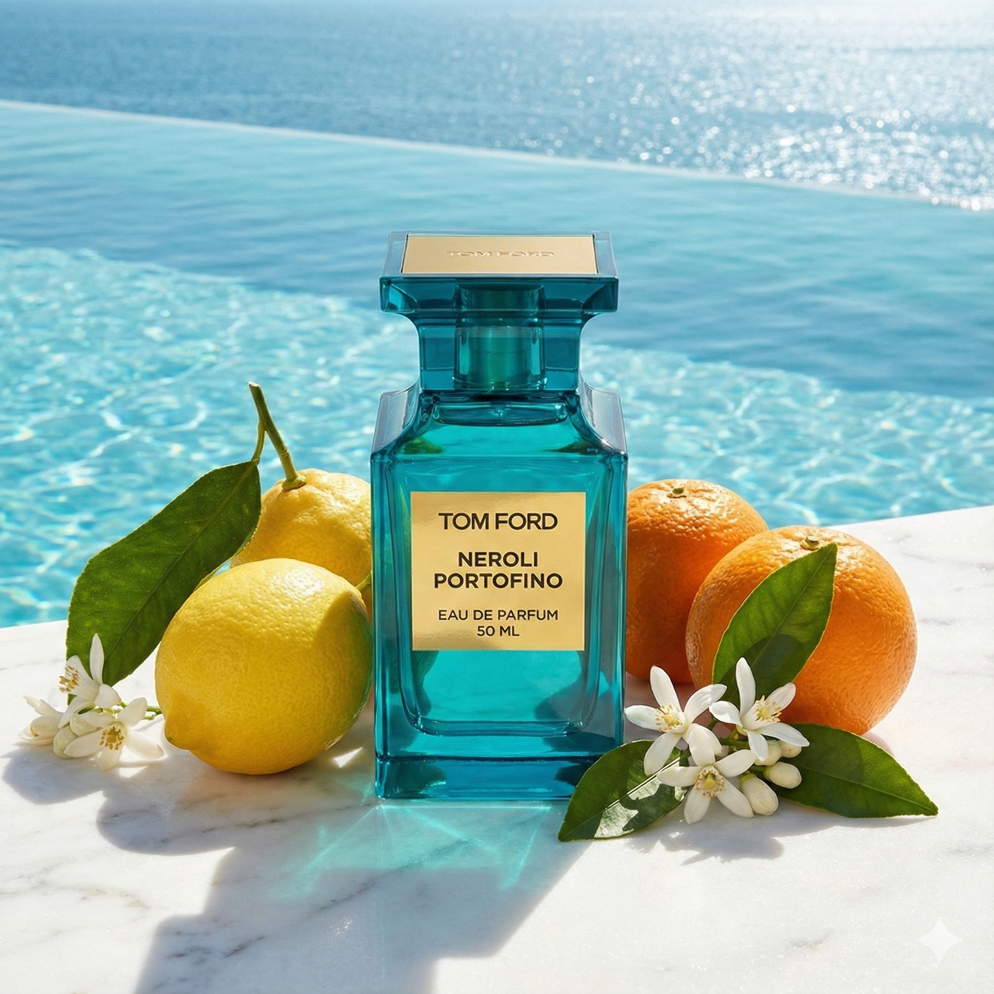 Frasco azul turquesa de perfume Tom Ford Neroli Portofino Eau de Parfum con etiqueta dorada.
