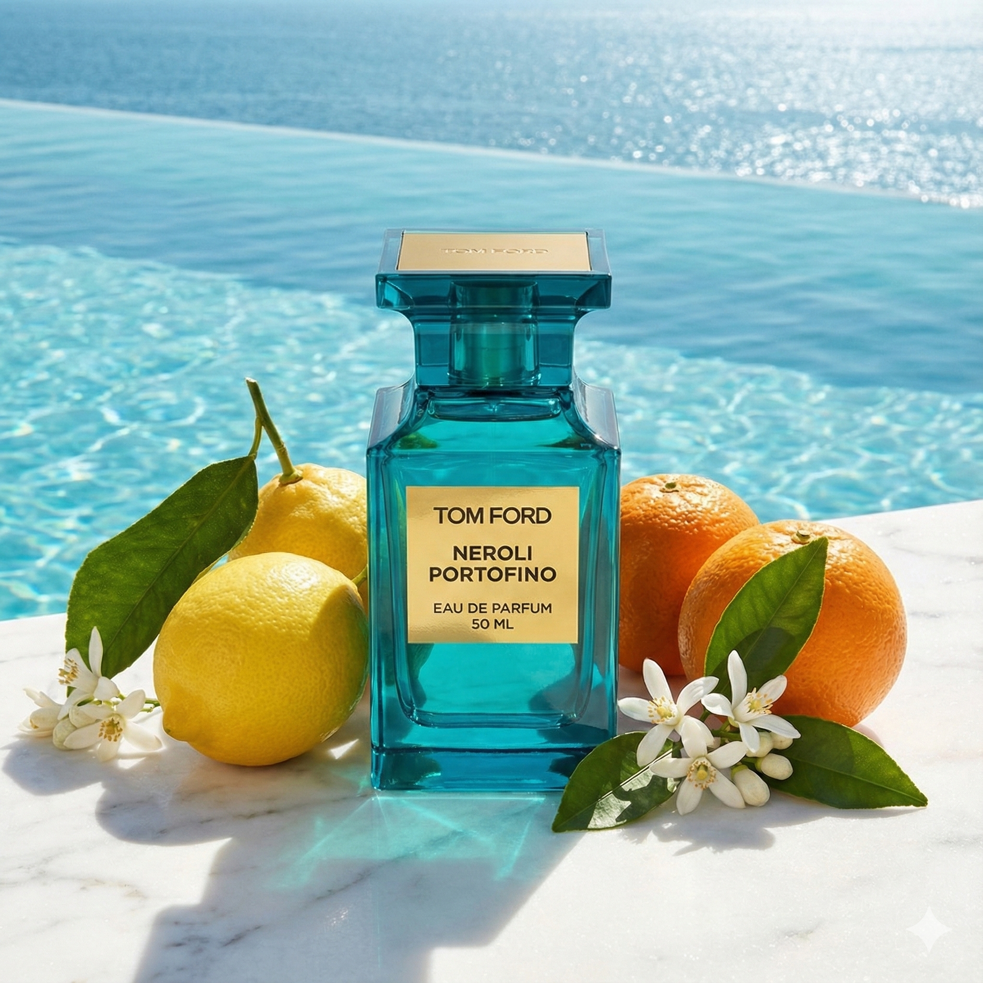 Frasco azul turquesa de perfume Tom Ford Neroli Portofino Eau de Parfum con etiqueta dorada.