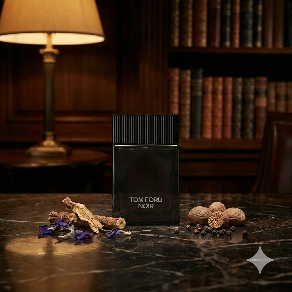 Frasco negro opaco del perfume Tom Ford Noir rodeado de flores de iris, violetas, vainilla y especias oscuras en un ambiente nocturno y sofisticado.