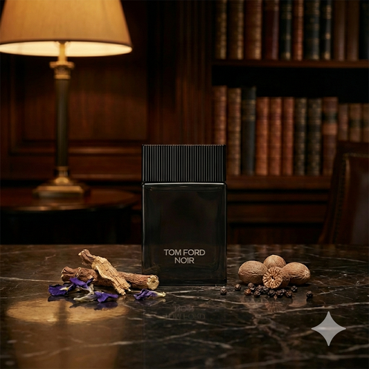 Frasco negro opaco del perfume Tom Ford Noir rodeado de flores de iris, violetas, vainilla y especias oscuras en un ambiente nocturno y sofisticado.