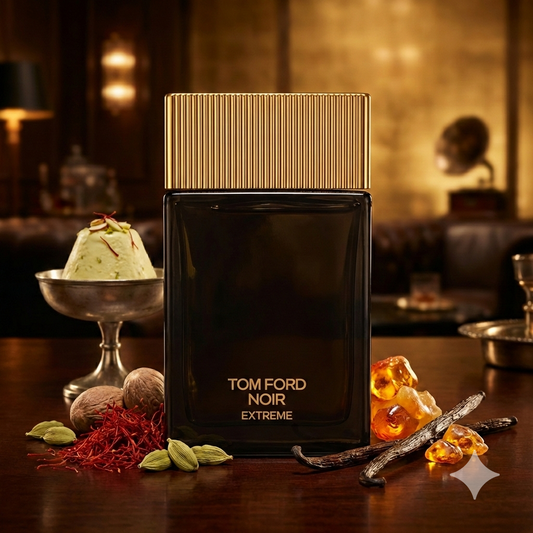 Frasco oscuro con tapón dorado del perfume Tom Ford Noir Extreme rodeado de vainilla, cardamomo, azafrán y toques de ámbar en un ambiente elegante y nocturno.