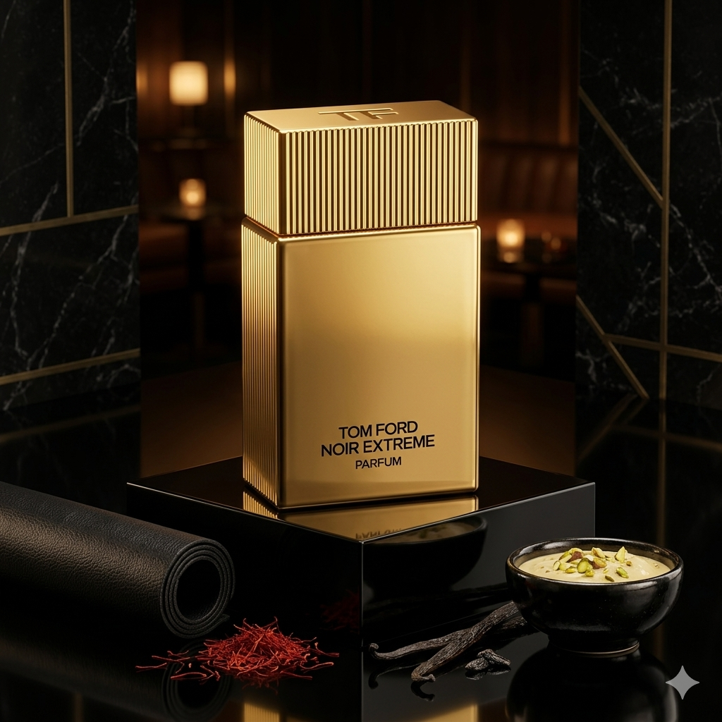 Frasco dorado metálico de Tom Ford Noir Extreme Parfum sobre terciopelo negro, estilo Casa Flores.