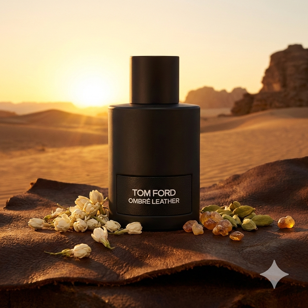 Frasco negro mate del perfume Tom Ford Ombré Leather rodeado de cuero negro texturizado, cardamomo y flores de jazmín en un paisaje desértico al atardecer.