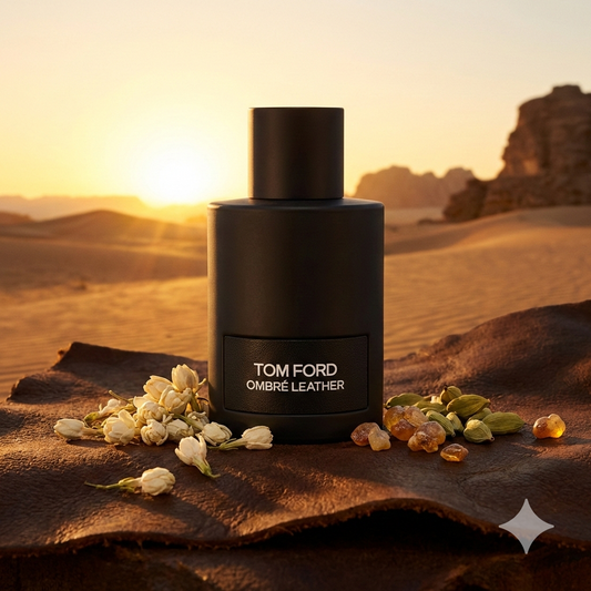 Frasco negro mate del perfume Tom Ford Ombré Leather rodeado de cuero negro texturizado, cardamomo y flores de jazmín en un paisaje desértico al atardecer.