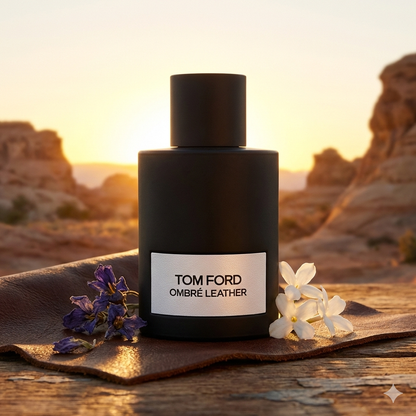 Frasco negro mate de perfume Tom Ford Ombré Leather Parfum con la etiqueta blanca contrastante.