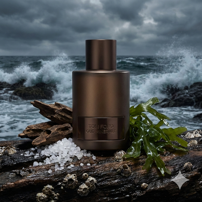 Frasco bronce oscuro estriado de Tom Ford Oud Minérale rodeado de sal marina, madera de agar oscura y algas en una costa oceánica salvaje.
