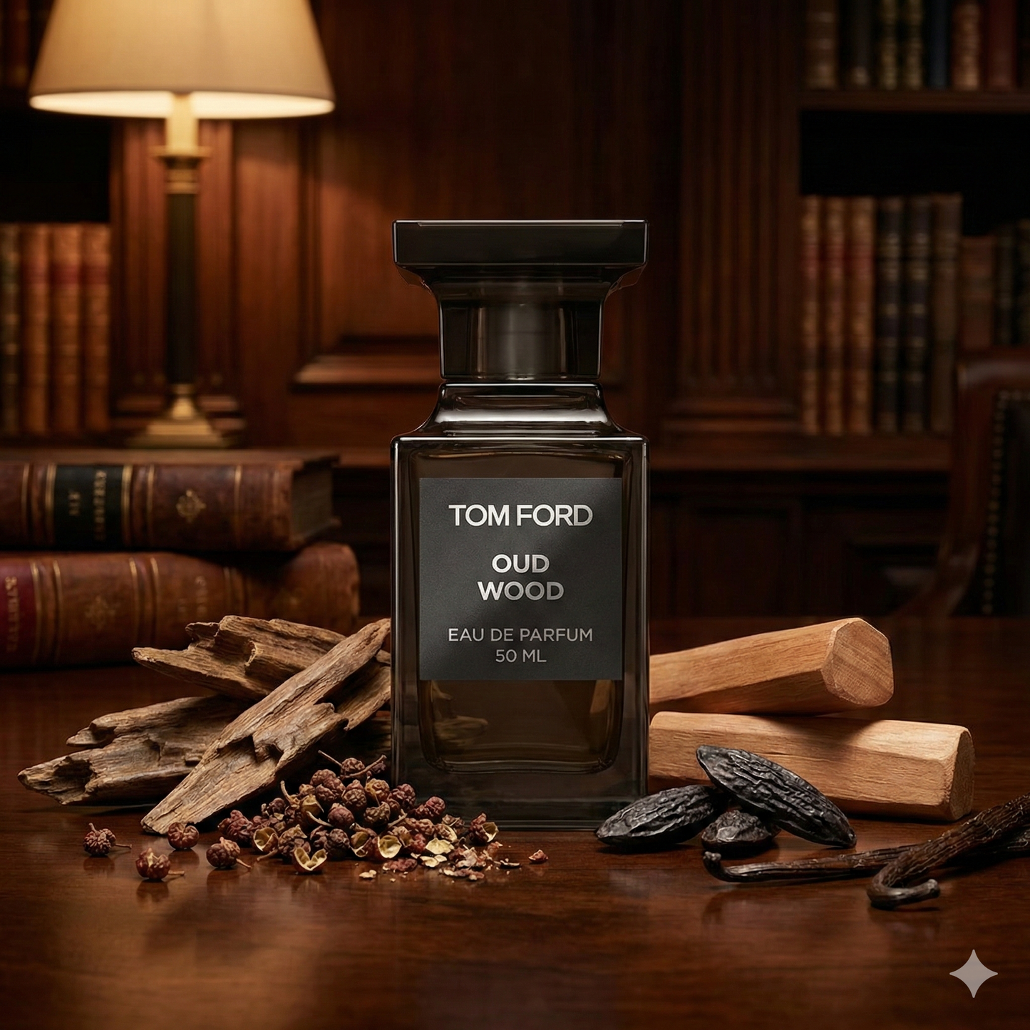 Frasco de perfume Tom Ford Oud Wood Eau de Parfum con etiqueta gris oscura, estilo Private Blend.