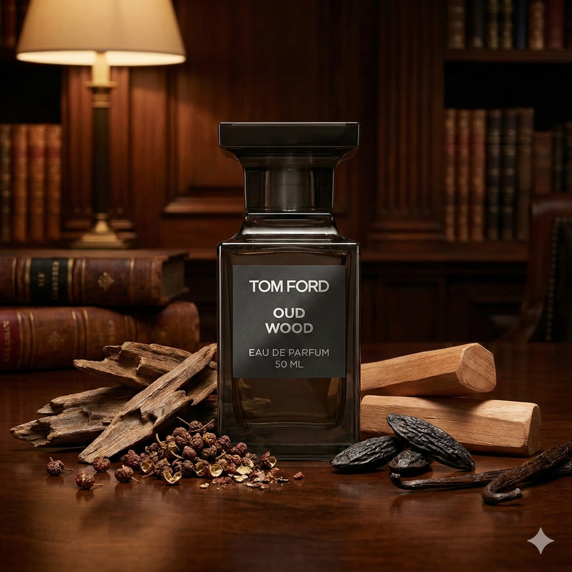 Frasco de perfume Tom Ford Oud Wood Eau de Parfum con etiqueta gris oscura, estilo Private Blend.
