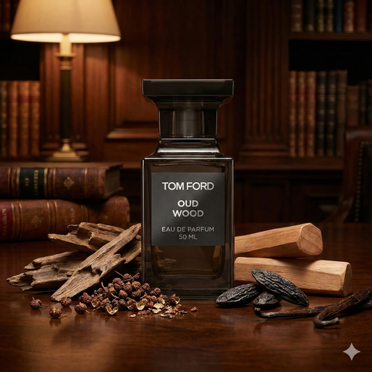 Frasco de perfume Tom Ford Oud Wood Eau de Parfum con etiqueta gris oscura, estilo Private Blend.