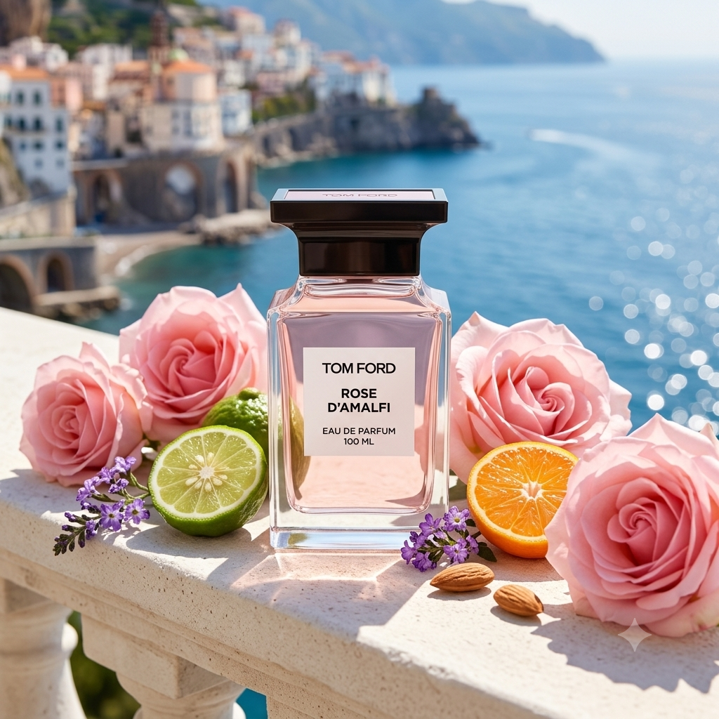 Frasco transparente de Tom Ford Rose d'Amalfi sobre piedra blanca con rosas rosadas, bergamota, almendra y luz del sol mediterráneo, estilo Casa Flores.