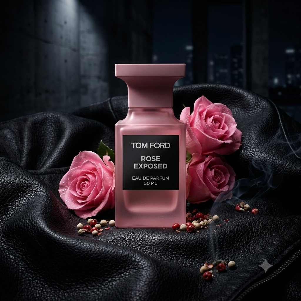 Frasco rosa esmerilado de Tom Ford Rose Exposed sobre cuero negro con rosas vibrantes, pimienta blanca e incienso, estilo Casa Flores.