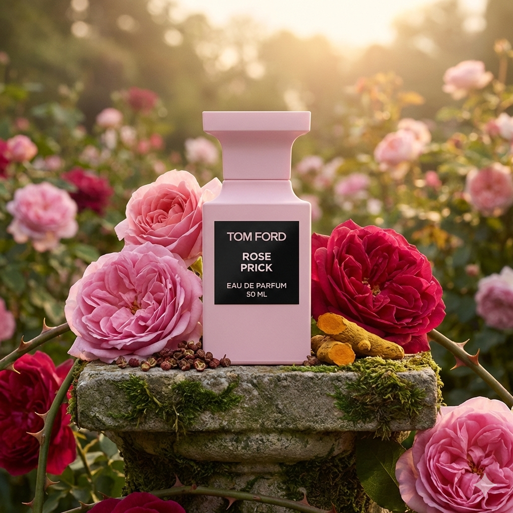 Frasco de perfume Tom Ford Rose Prick Eau de Parfum 50ml rosa mate con rosas y especias en un jardín.