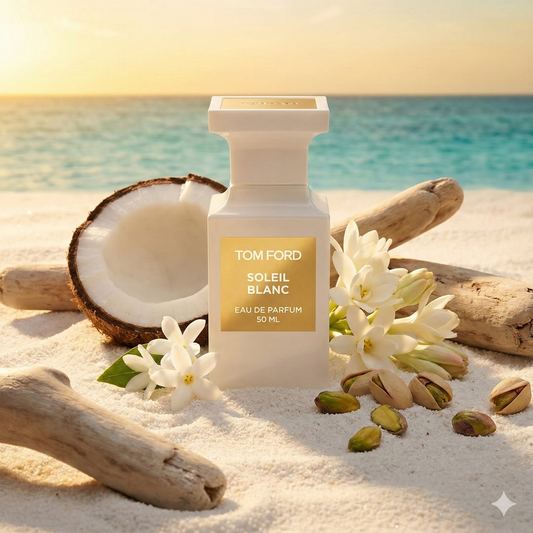Frasco blanco y dorado de Tom Ford Soleil Blanc rodeado de cocos frescos, flores blancas de ylang-ylang y pistachos sobre arena blanca bajo luz solar.