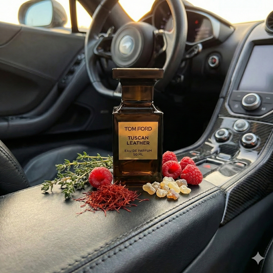 Frasco de perfume Tom Ford Tuscan Leather Eau de Parfum con frambuesas, azafrán y cuero en el interior de un coche deportivo de lujo.