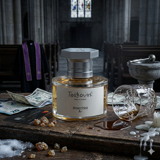 Frasco de Toskovat Anarchist A- sobre madera de iglesia antigua, rodeado de tarjetas de crédito, billetes, whisky derramado y cera. Fotorrealismo sin marco para Casa Flores.