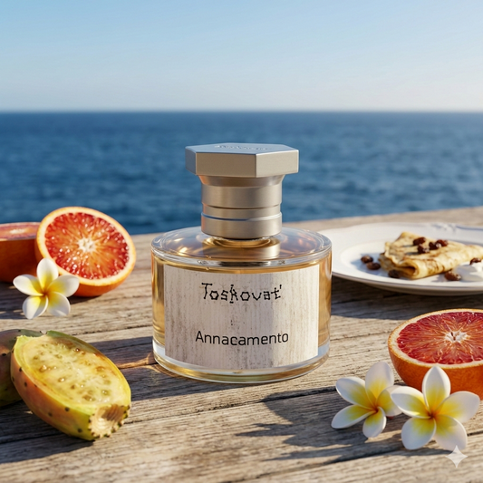 Frasco de Toskovat Annacamento sobre una mesa rústica de madera en una terraza costera, rodeado de naranjas sanguinas, higo chumbo, flores de frangipani y un pequeño crêpe con ricotta. Fotorrealismo cotidiano para Casa Flores, sin marco.