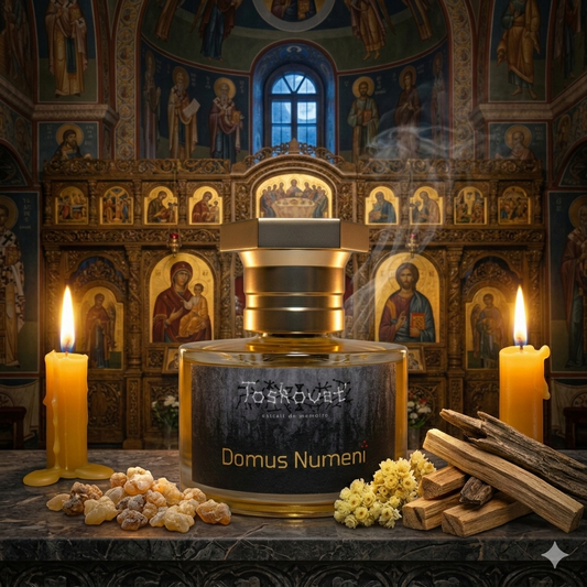 Frasco real de Domus Numeni de Toskovat sobre una superficie de piedra fría y papiro antiguo, en un interior de iglesia rumana sacra, rodeado de resinas de incienso, mirra, cera de vela y oud. Fotorrealismo 1:1, sin marco, para Casa Flores.