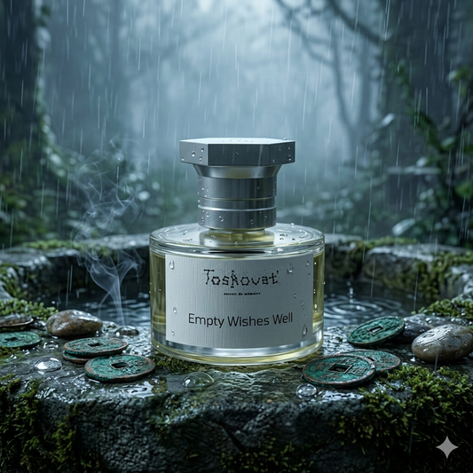 Frasco de perfume Toskovat' Empty Wishes Well junto a monedas oxidadas y piedras húmedas, estilo Casa Flores.