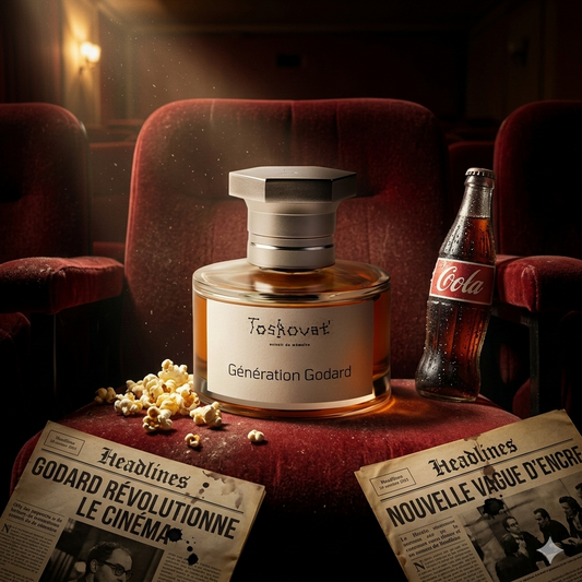 Frasco de perfume Toskovat Generation Godard sobre una butaca de cine antigua con palomitas y periódicos, estilo Casa Flores.