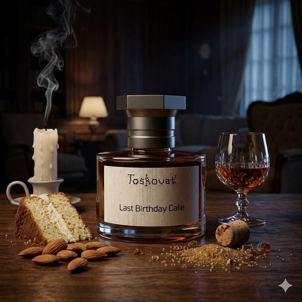 Frasco de Toskovat Last Birthday Cake sobre una mesa de madera oscura, rodeado de un trozo de pastel de almendras, azúcar moreno, una copa de licor y una vela recién apagada humeando. Fotorrealismo cotidiano para Casa Flores, sin marco.