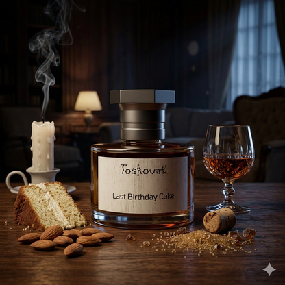 Frasco de Toskovat Last Birthday Cake sobre una mesa de madera oscura, rodeado de un trozo de pastel de almendras, azúcar moreno, una copa de licor y una vela recién apagada humeando. Fotorrealismo cotidiano para Casa Flores, sin marco.