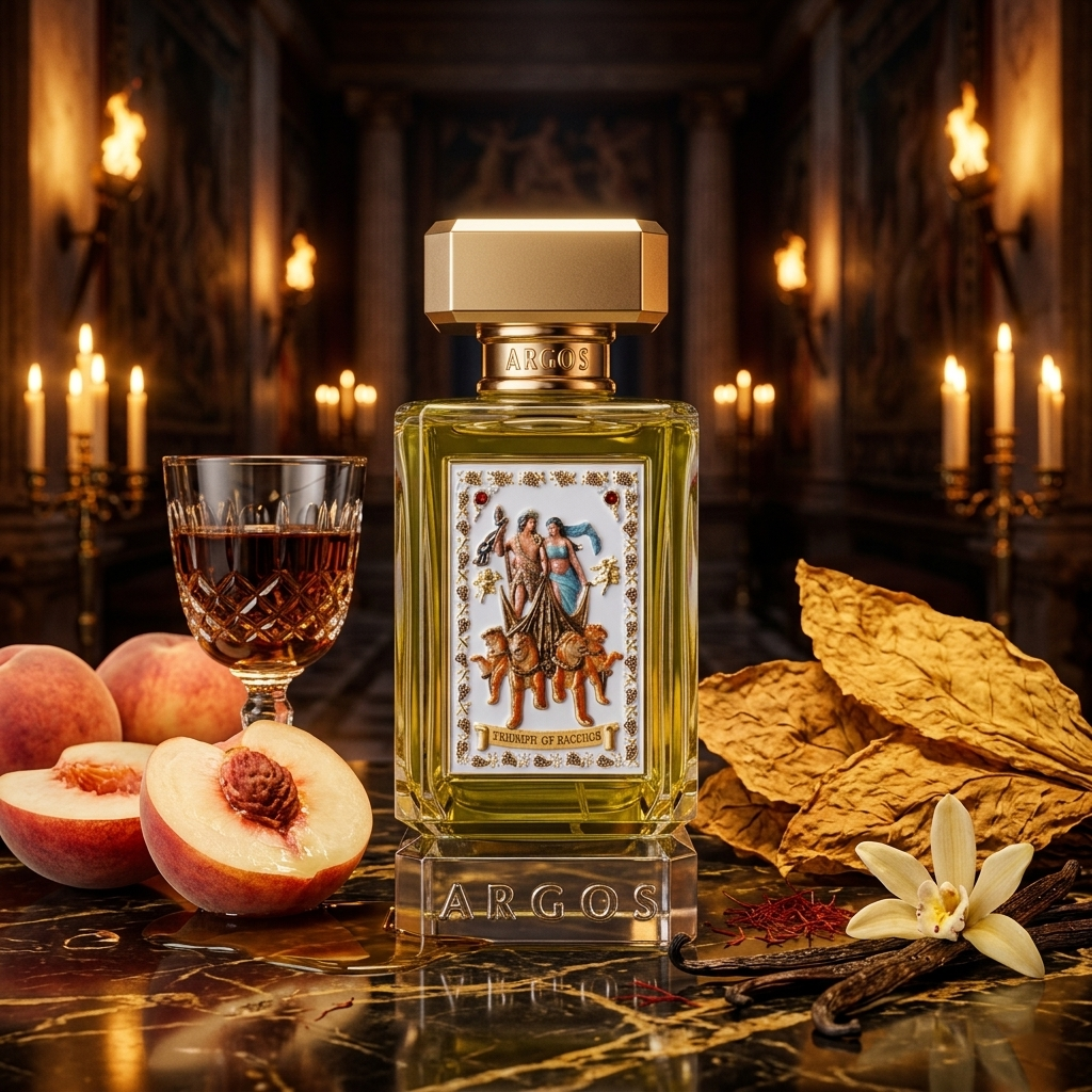 Frasco joya de Argos Triumph of Bacchus Extrait sobre mármol con ron oscuro, melocotones blancos, hojas de tabaco y vainilla, estilo Casa Flores.