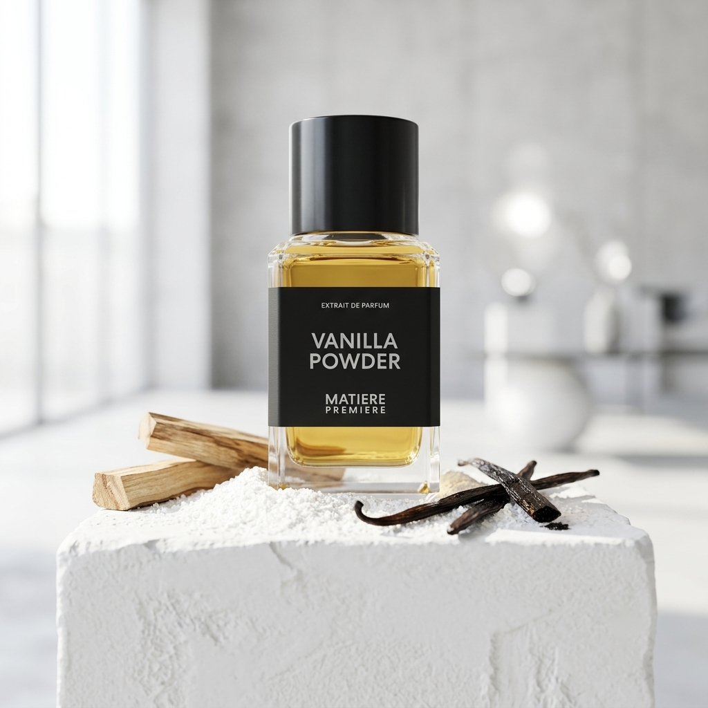 Frasco transparente de Matiere Premiere Vanilla Powder sobre yeso blanco con polvo de coco, vainilla de Madagascar y madera de palo santo, estilo Casa Flores.