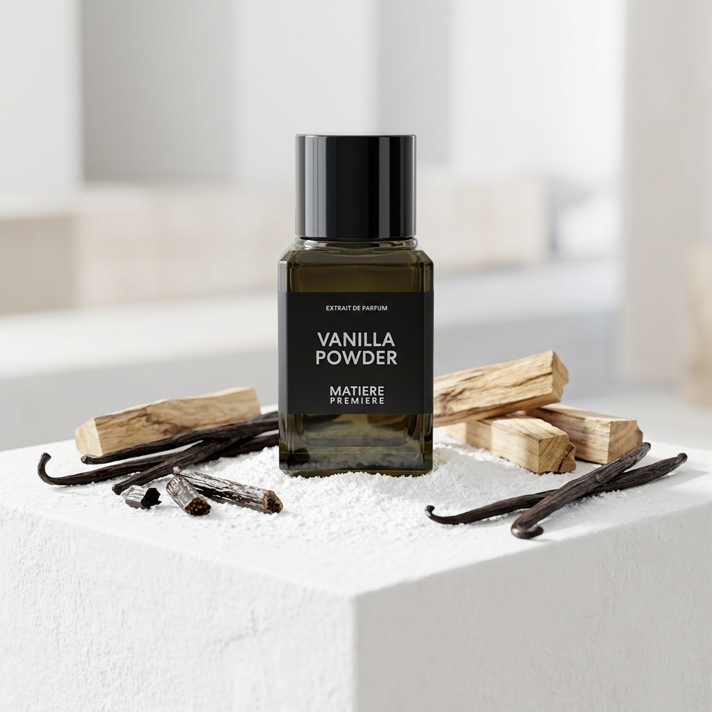 Frasco transparente de Matiere Premiere Vanilla Powder sobre yeso blanco con polvo de coco, vainilla de Madagascar y madera de palo santo, estilo Casa Flores.