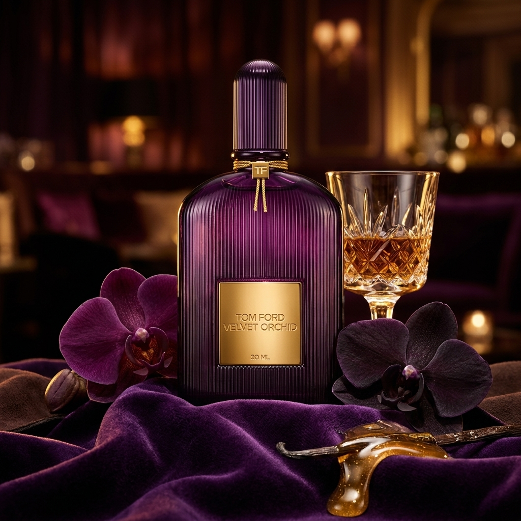 Frasco morado acanalado de Tom Ford Velvet Orchid con placa dorada sobre terciopelo oscuro con orquídeas, miel, ron y vainilla, estilo Casa Flores.