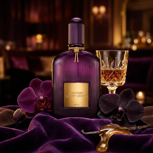 Frasco morado acanalado de Tom Ford Velvet Orchid con placa dorada sobre terciopelo oscuro con orquídeas, miel, ron y vainilla, estilo Casa Flores.
