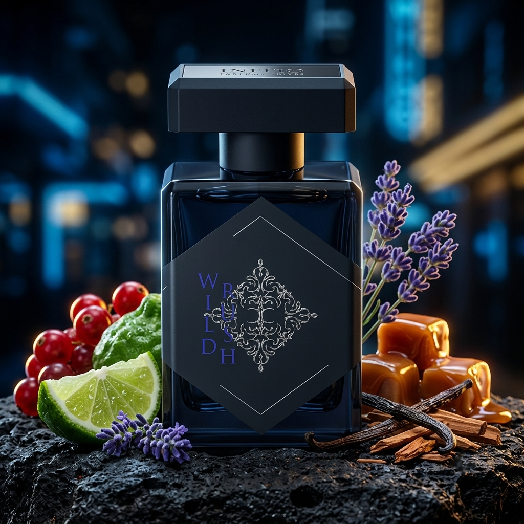 Frasco oscuro de cristal translúcido de Initio Wild Rush sobre una superficie de piedra con frutos rojos, lavanda y caramelo, estilo Casa Flores.