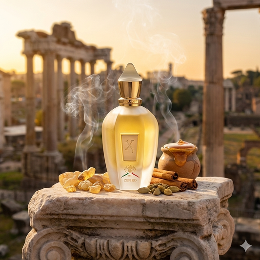 Frasco de perfume Xerjoff 1861 Zefiro con tapón dorado.