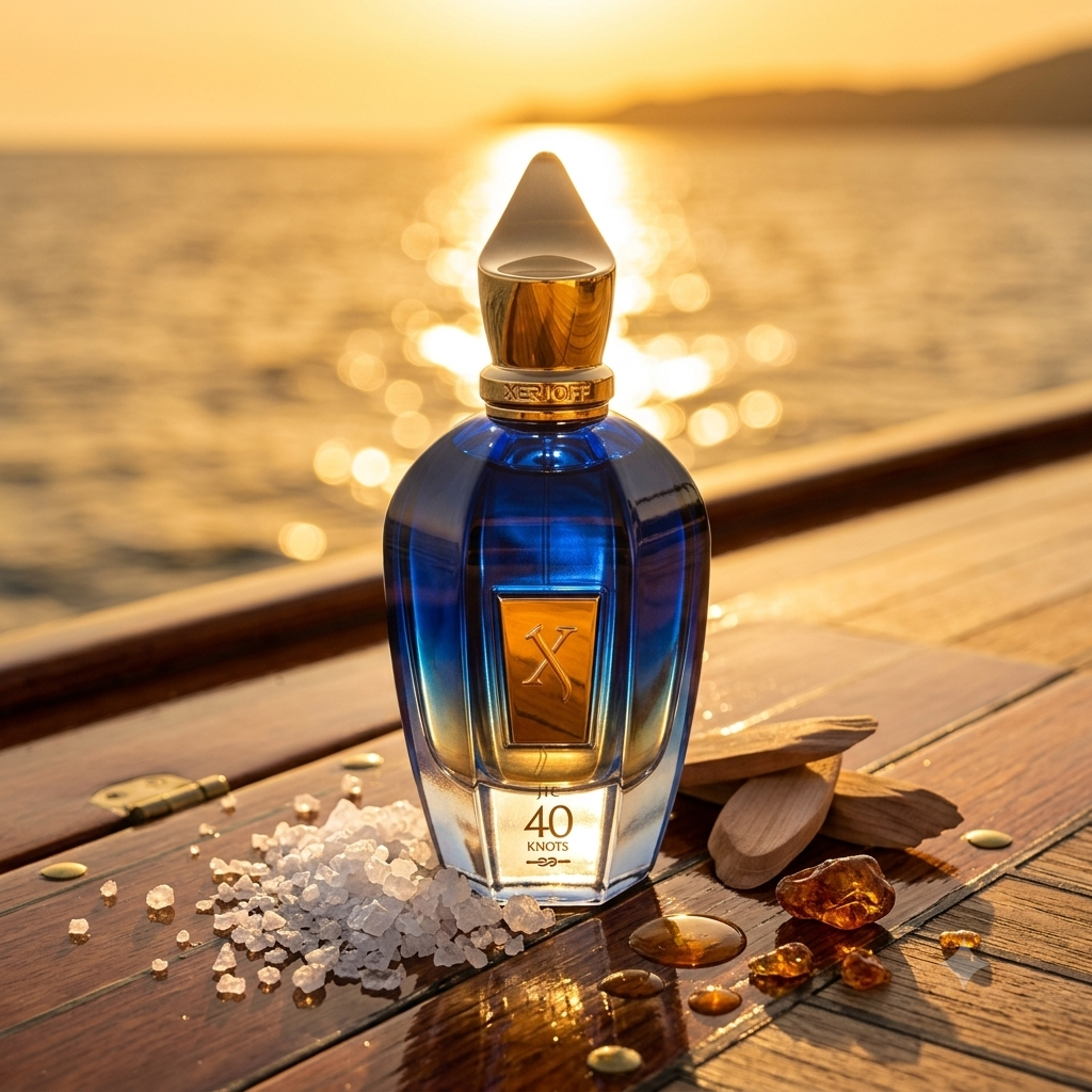Frasco azul oscuro de Xerjoff 40 Knots sobre madera de caoba de yate con sal marina, madera de cedro, miel y ámbar, estilo Casa Flores.